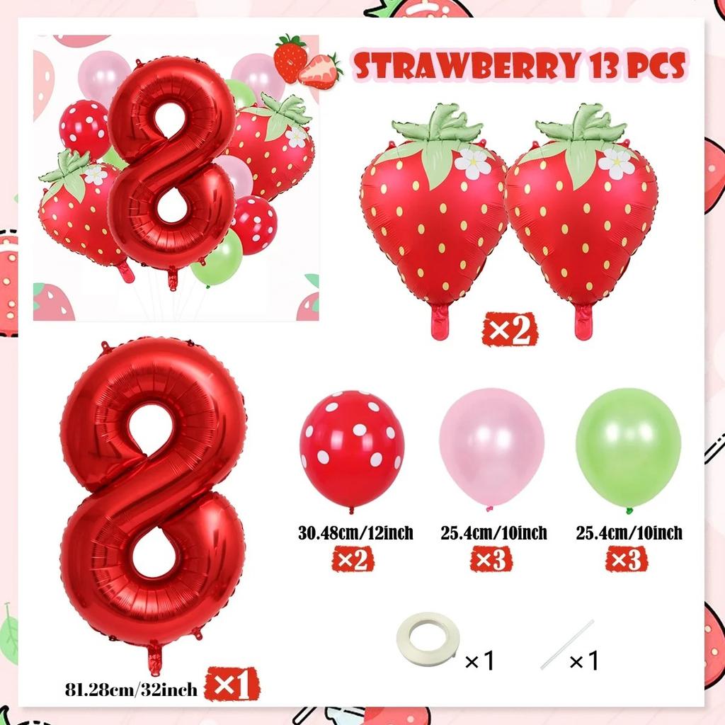 13pcs strawberry balloon aluminum foil balloon set with polka dot latex balloons for birthday party and anniversary decoration