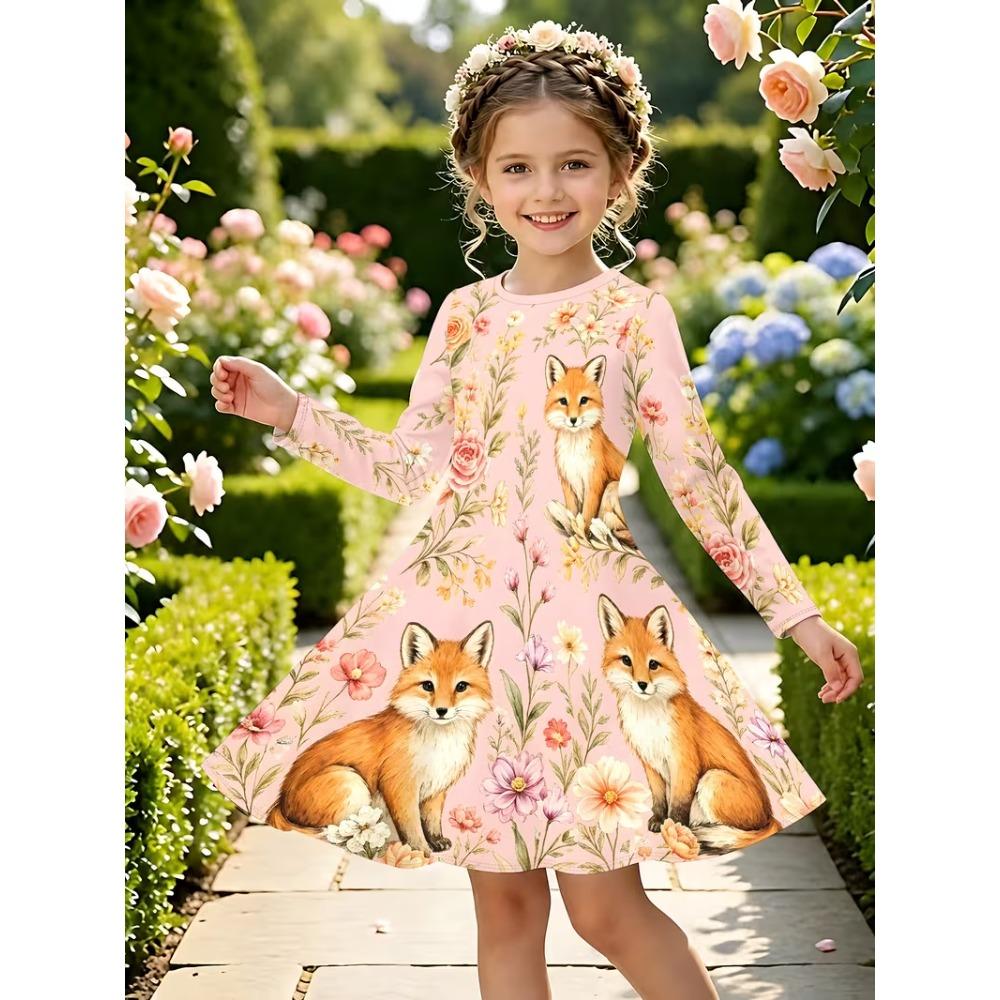 Girl Casual 3D Fox Floral Print Round Neck Long Sleeve Dress Kid Princess Dress