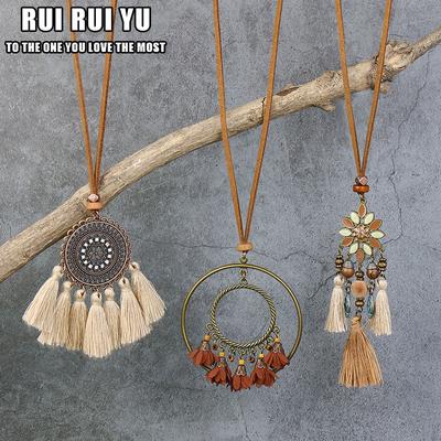 RUI RUI YU 3PCS Bohemia Women Handmade Beads Tassels Pendant Chain Sweater Long Necklace Jewelry