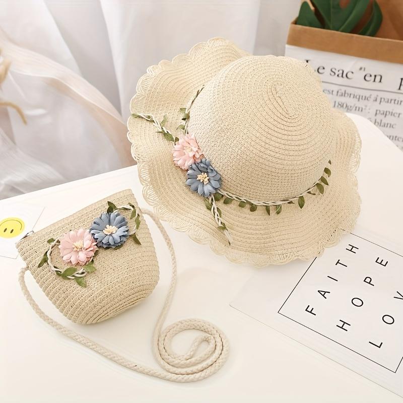 2 Stück Sonnenhüte, Neues Sommer-Strohhut-Taschen-Set für Mädchen, Sonnenhüte, Sommer-Prinzessin-Babyhüte für Kinder, Babyhüte