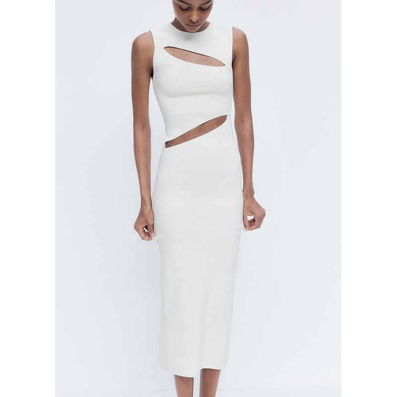 Spring and Summer New Women's Clothing Round Neck Sleeveless Open Design Stretch Work Clothing Midi Skirt Dress 5584370