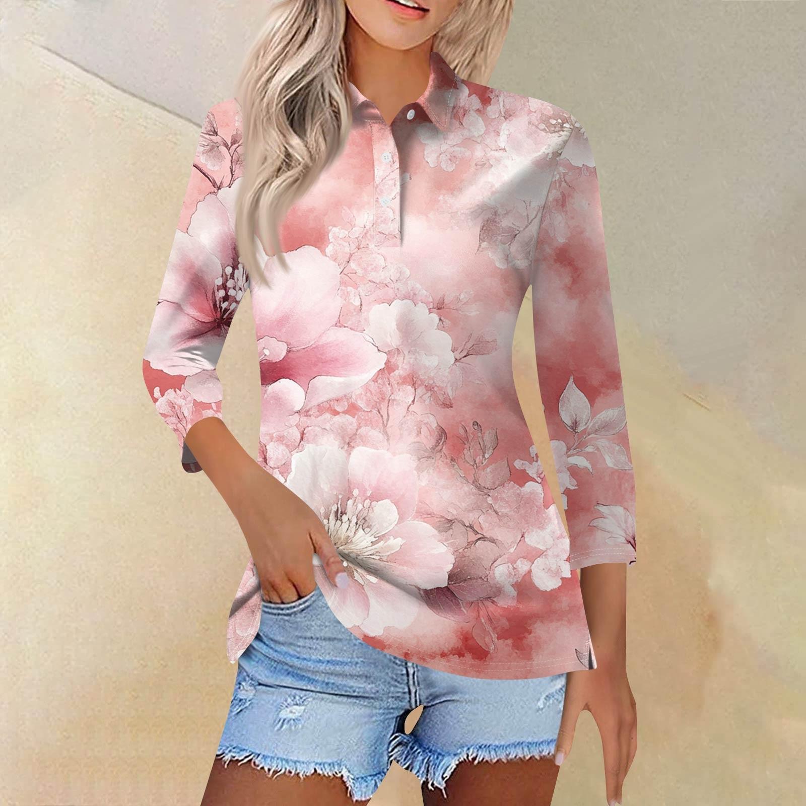 

Women s Fashion Casual Lapel Short Sleeve Printed Shirt Women s Button Up Tops XL розовый