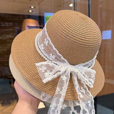Pearl Lace Bow Straw Hat Women's New Summer Seaside Beach Straw Vacation Wind Sunshade Sunscreen Hat