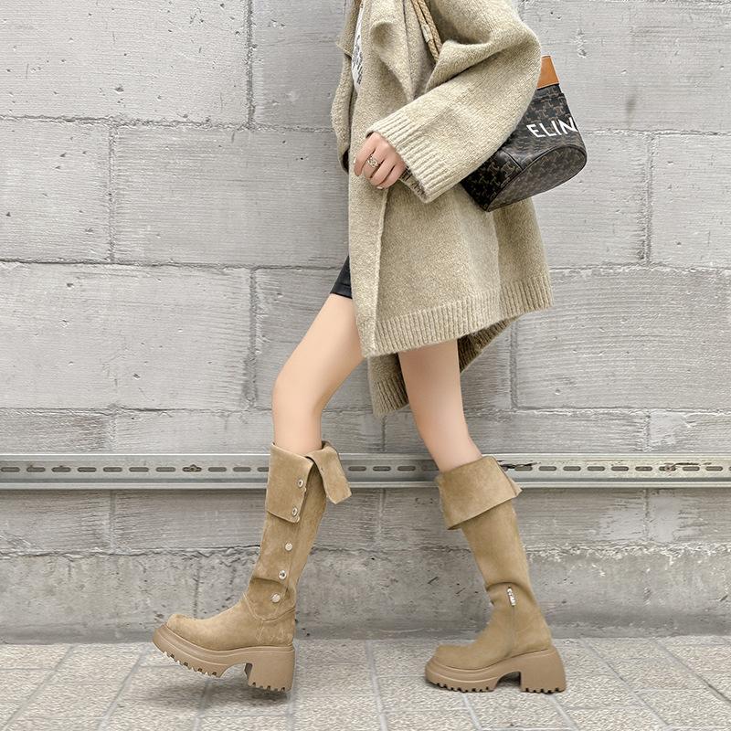 [Giant display height] Small long boots Maillard boots women's autumn thick heel thick-soled medium boots Western stacking boots