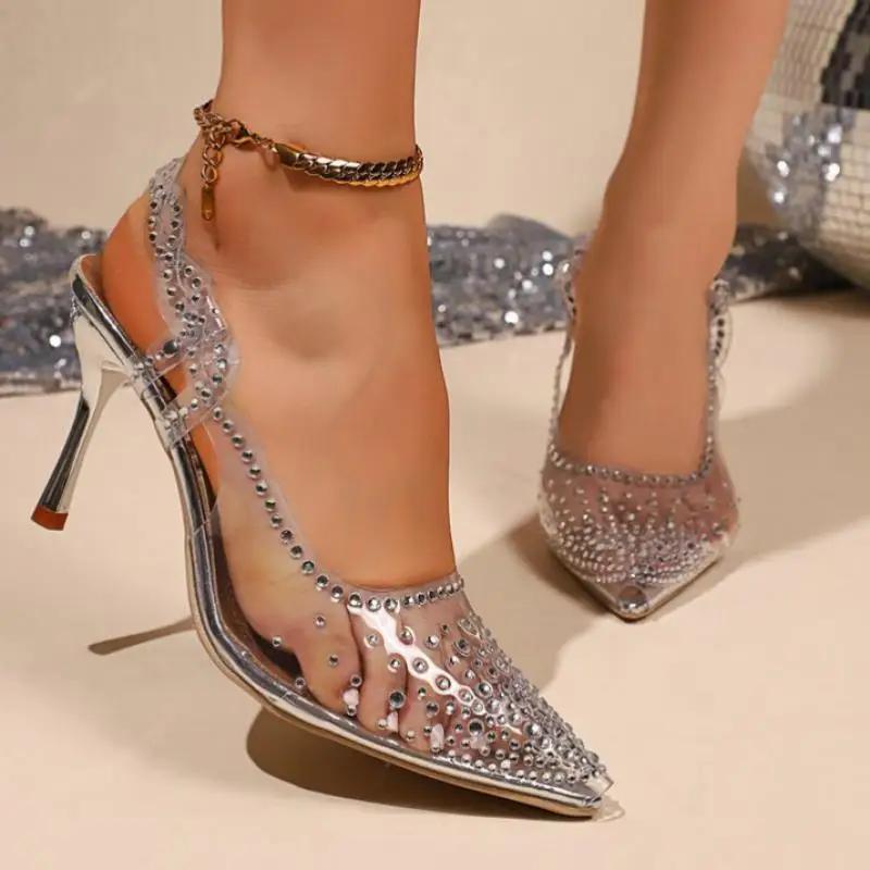 Elegant Ladies Shiny Rhinestone Crystal Shoes Autumn 2025 Transparent Pvc Pointed Toe High Heels Shoes Woman Sling Back Pumps 34