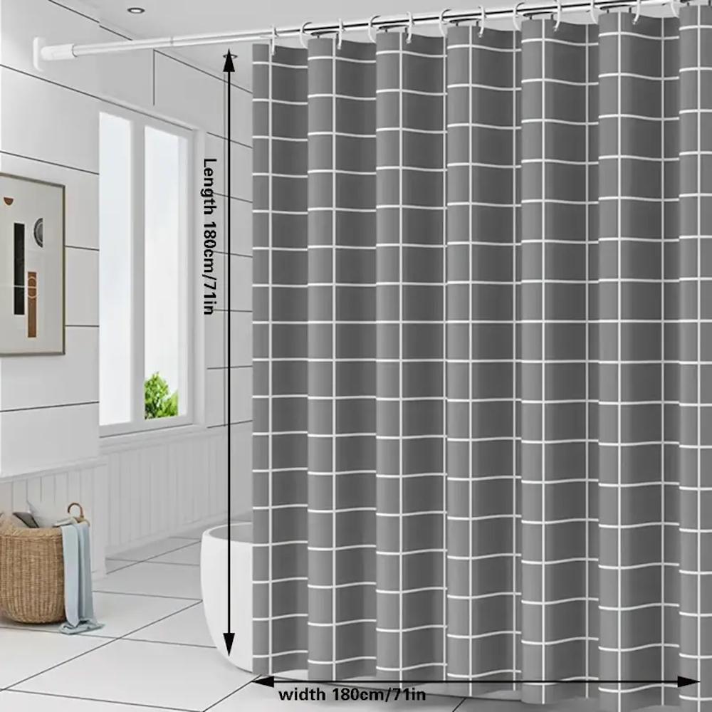 1Pc Gray Checkered Shower Curtain (With Hooks), Waterproof Bathroom Liner, Easy To Clean, Resistant To Soap Scum, 71X71 Inches
