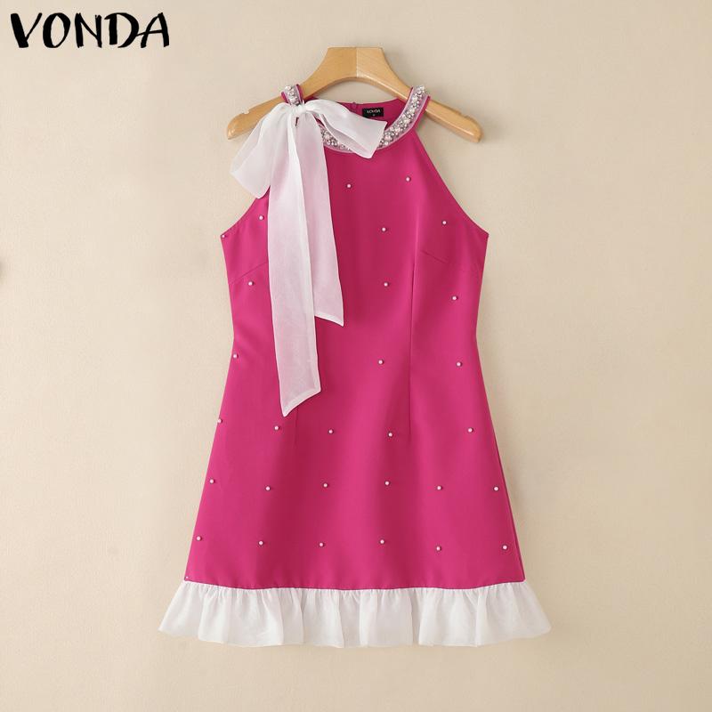 VONDA Women Bow Knot Sleeveless Sequin Beading Slim Waist Casual Mini Dress