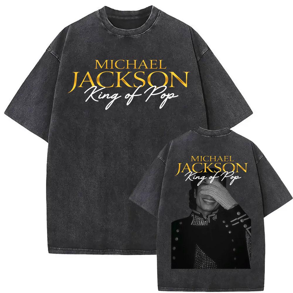 Michael Jackson King of Pop MJ Vintage Washed T-Shirt Herren Damen High Street Gothic Klassisches T-Shirt Sommer Oberteile Hip Hop T-Shirt