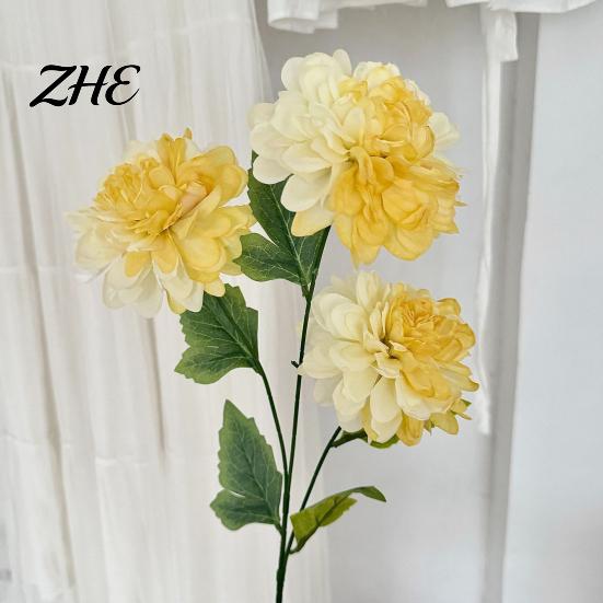 Realistic Decorative Plants Artificial 3 Head Dahlia Flowers, Silk Fabric Floral Arrangement, Bouquets Adjustable Fake Flowers for Home Decor Wedding