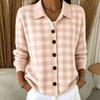 Women's Plaid Cardigan Long Sleeve Lapel Collar Loose Fit Knit Sweater for Fall Winter