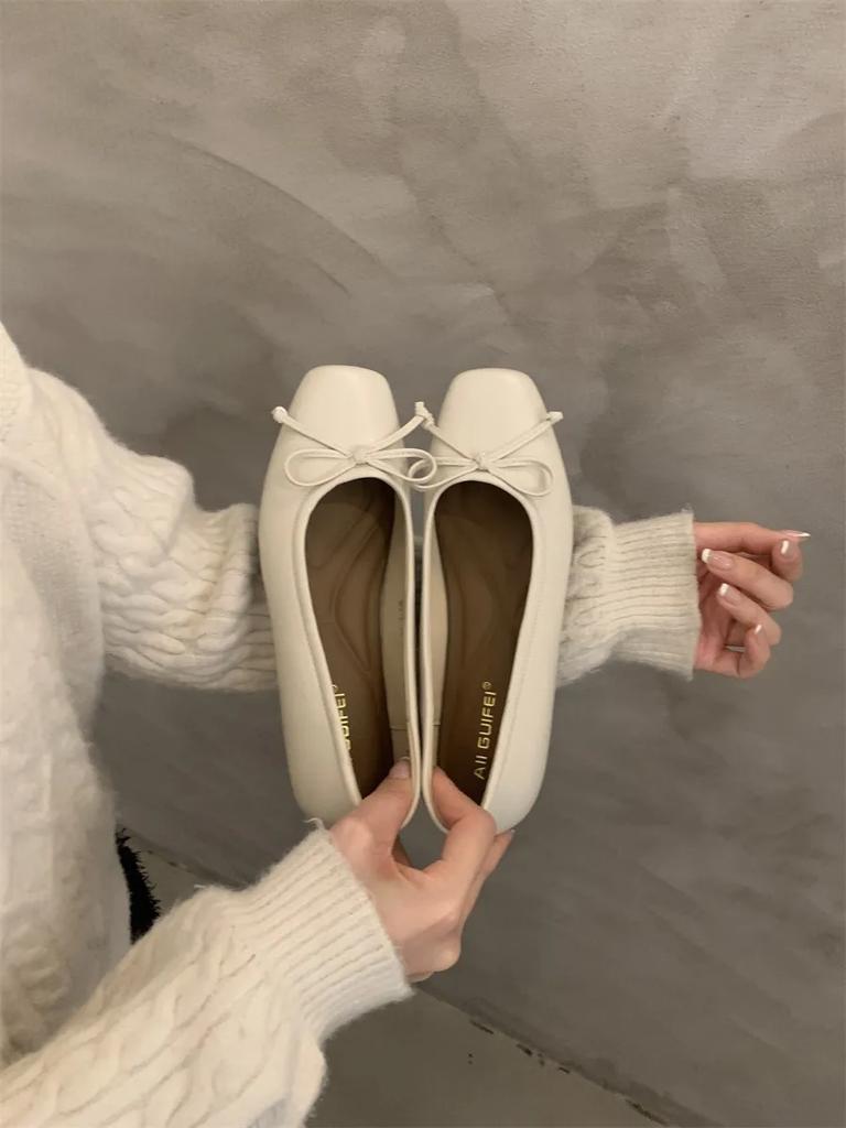 French Bow Ladies Shoes 2025 New Shallow Mouth Shoe Fashion Elegant Flats Women's Square Toe Comfortable Shoes Zapatos Mujer