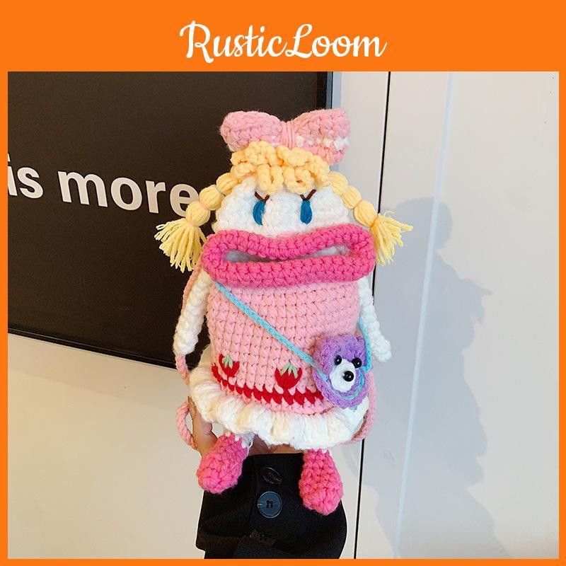 Pink Knitted Lovely Crossbody Bag For Children Featuring Cute Cartoon Motif Doll