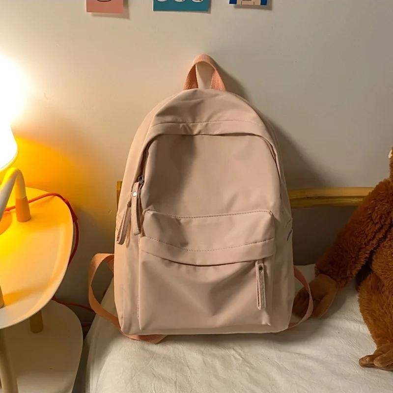 Waterproof Nylon Backpack for Women Simple Solid Color Bookbag Travel Backpack for Student Girls School Bag Female Shoulder Bags