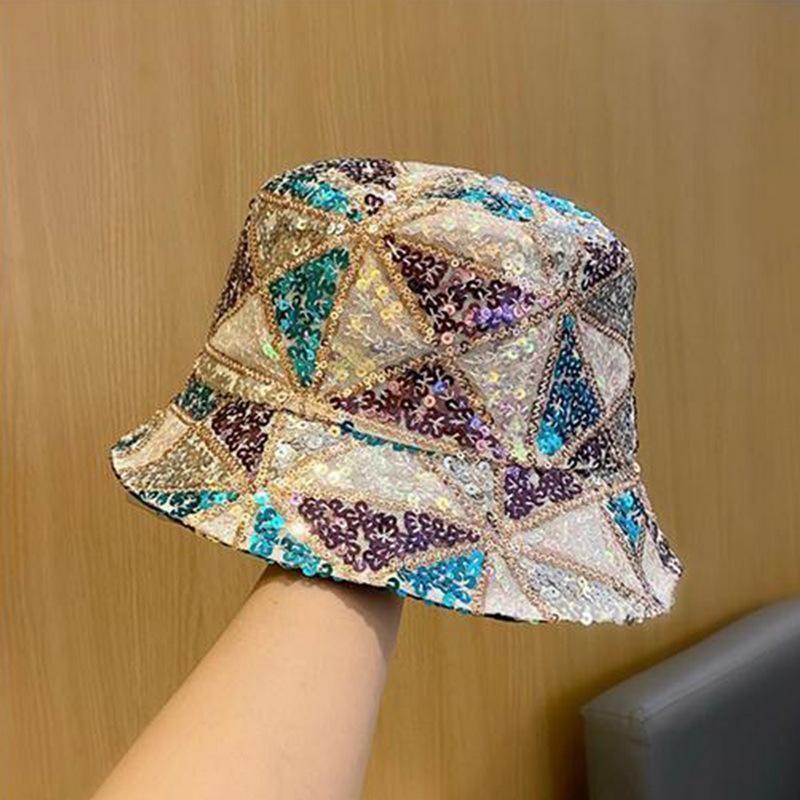 Women Bucket Hat Fishing Cap Sequin Hip-hop Festival Glitter Bling Wide Brim