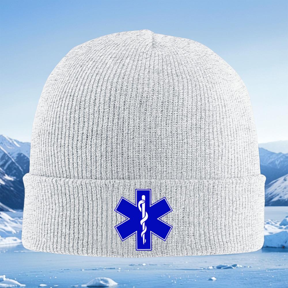 Blue star medical symbol white staff Men Women Unisex Knitted Hat Beanie Pullover Cap Winter Thermal Warm Christmas Outdoor Cycl
