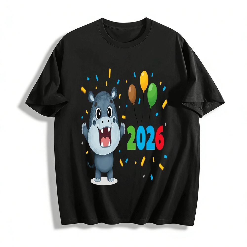 

2026 New Year Party Themed Hippo Print Casual Top For Adults Kids Pure cotton T-shirt XXS