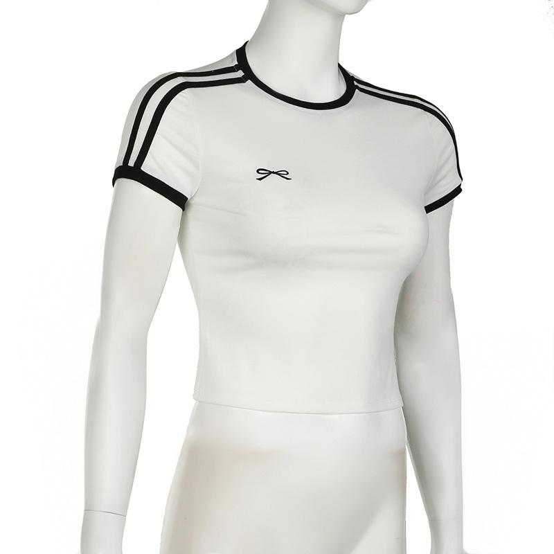 Contrast Embroidered Bow Crop Top Women Casual Striped Print Short Sleeve Slim White T Shirts Casual Streetwear Y2k Tees