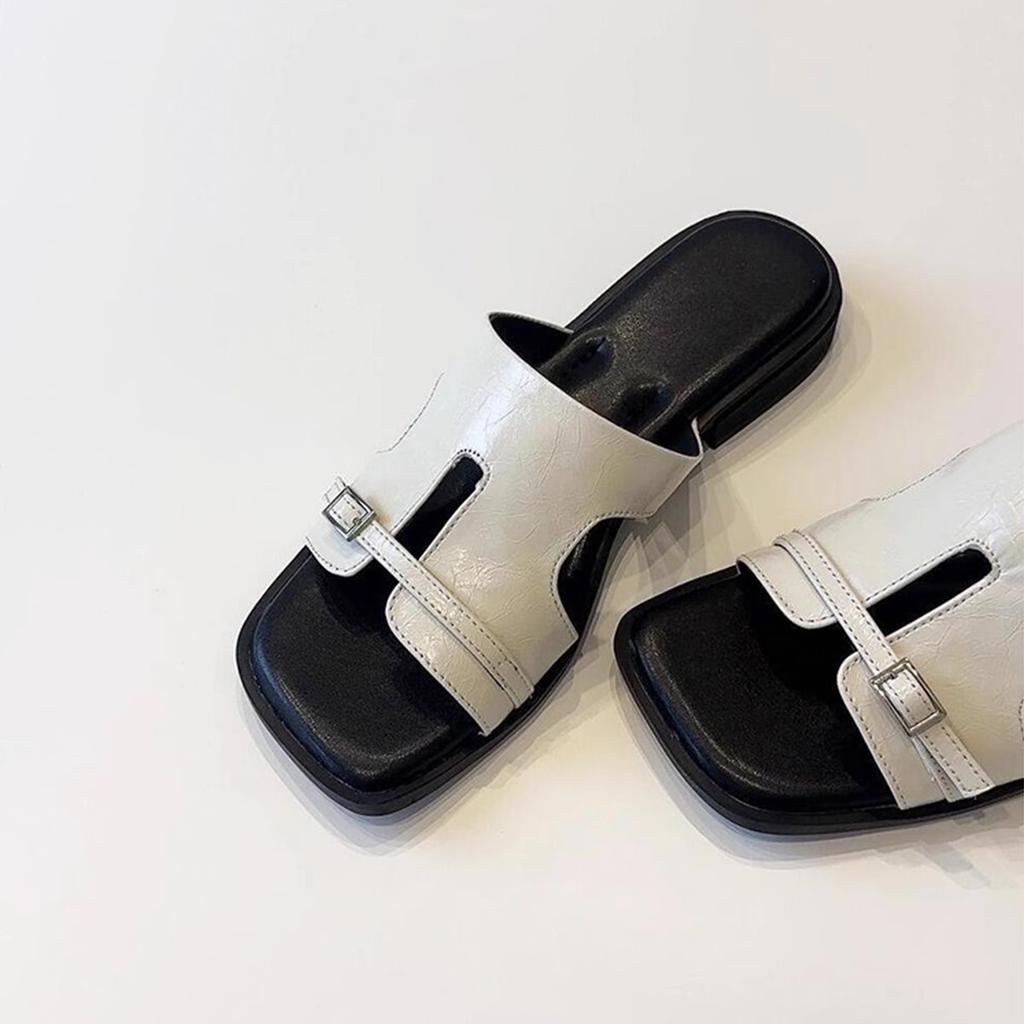 French gentle flat bottom comfortable cool slippers women's wear versatile comfortable belt buckle hollow one-word drag