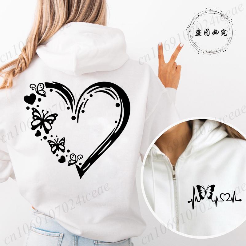 New Fashion Zipper Hooded Hoodie Clothes Butterfly Heart Printed Fashion Sweatshirts Casual Fashion Zip Up Jackets Coat Tops