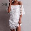 Dámské mini šaty s květinovou krajkou odhalující ramena, letní volné krátké šaty s rozšířenými krátkými rukávy na pláž, do nočních klubů, na párty