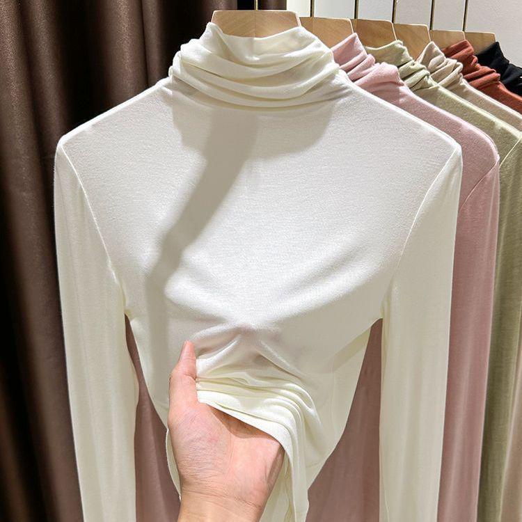 Women's Modal Apricot Slim Fit High Neck Base Layer Shirt for Spring/Autumn