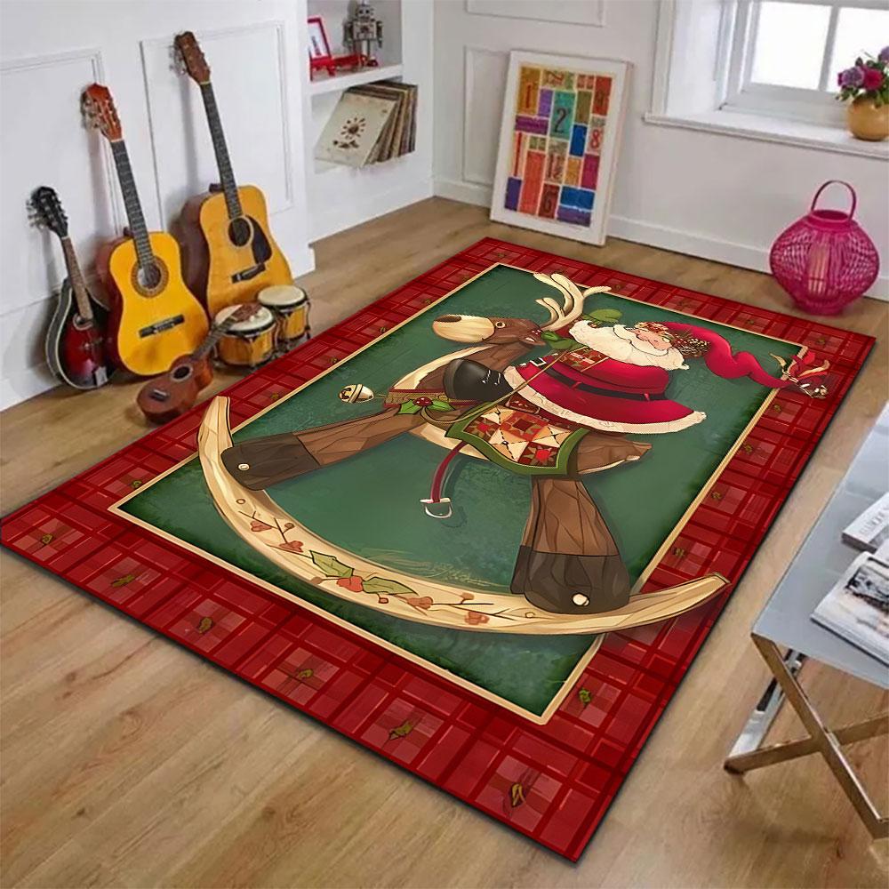Santa On Rocking Reindeer Art Rug Patterned Carpet, Suitable As a Non Slip Play Mat for the Living Room and Bedroom Sofa