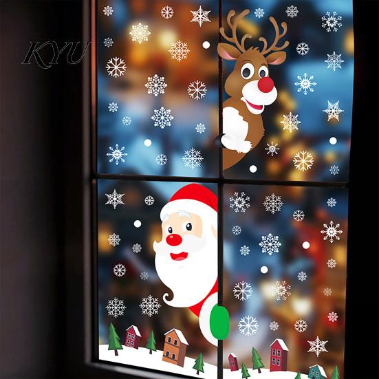 Removable Window Stickers 4Pcs Christmas Santa Claus & Reindeer Static Clings with Snowflake, PVC Decals, Festive Storefront Decor Reusable Glass for