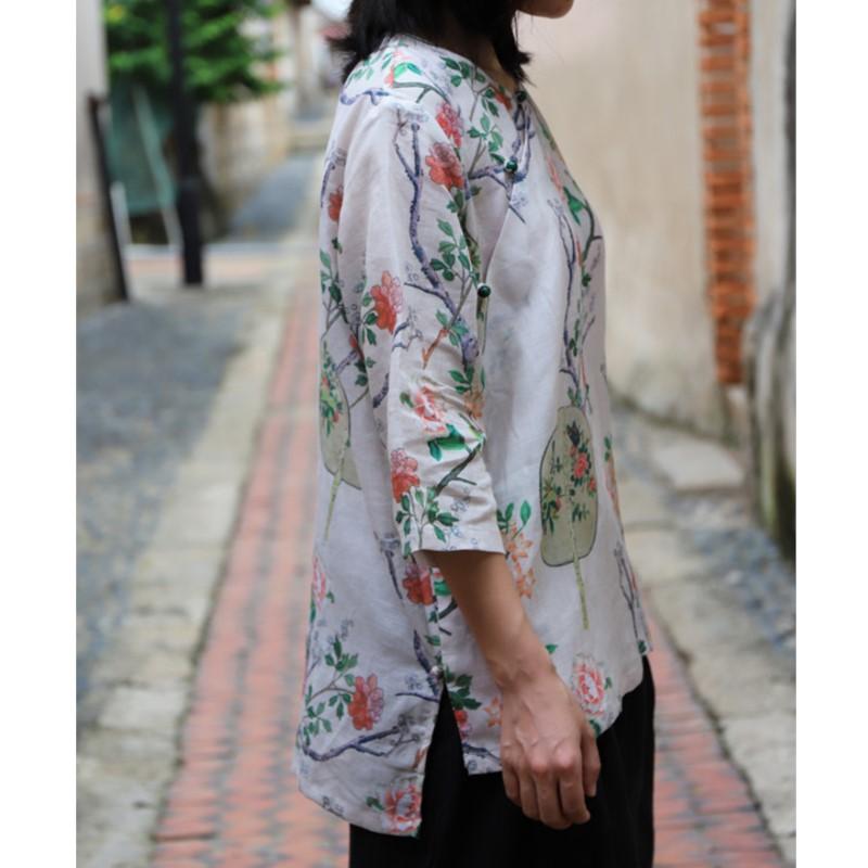 Johnature Woman Spring Print O-Neck Vintage Style Casual Shirt Fashion Chinese Style Personality Long Sleeves Shirt