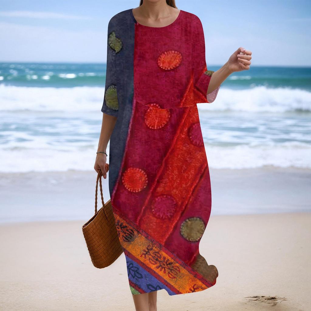 Damen Modisches Bedrucktes Rundhals Siebenviertelärmel Lockeres Kleid