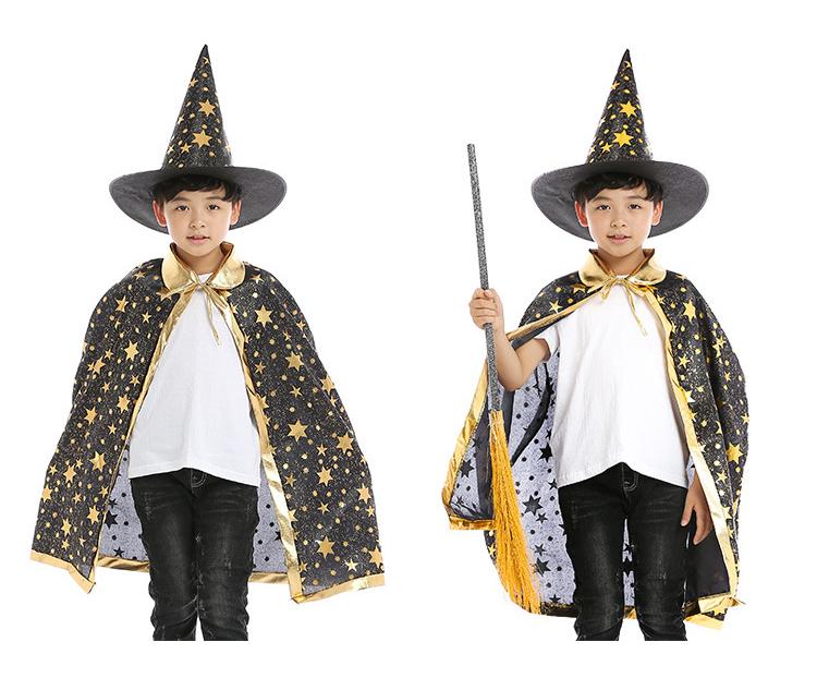 Sydanne Kids Magician Wizard Cloak Hat Cosplay Costume Hot Stamping Five-pointed Star Cloak Party Costume Halloween Costume