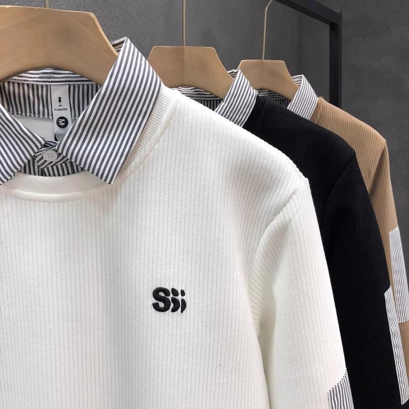 Men's Fake Two-Piece Sweatshirt Striped Shirt Collar Knit Pullover Casual Long Sleeve Top For Daily Wear