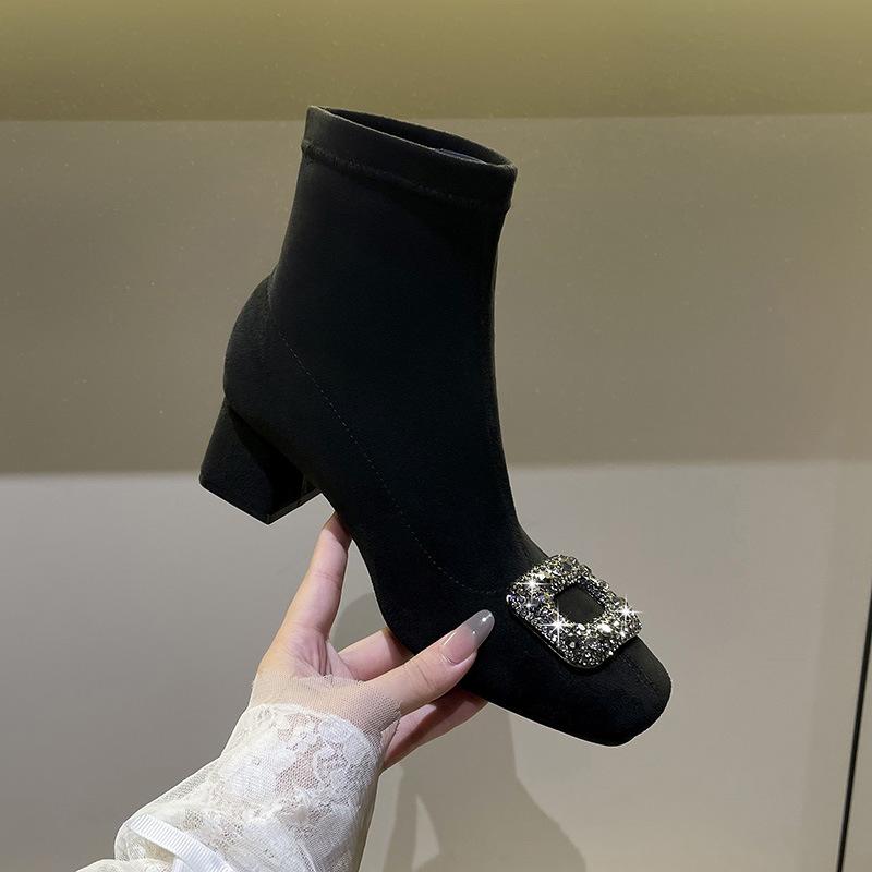 Suede Skinny Boots Coarse Heel Medium Heel Short Boots Women's Autumn and Winter Single Boots Rhinestone Square Head Internet Celebrity Elastic Flee