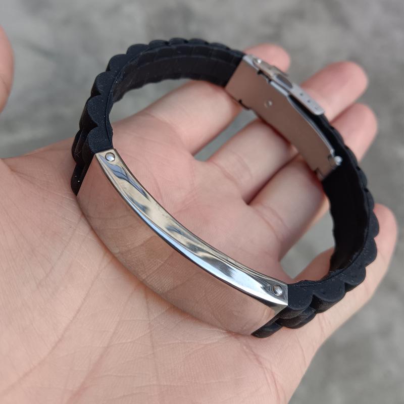 European & American Fashion Men's Silicone & Stainless Steel Engraved Bracelet
