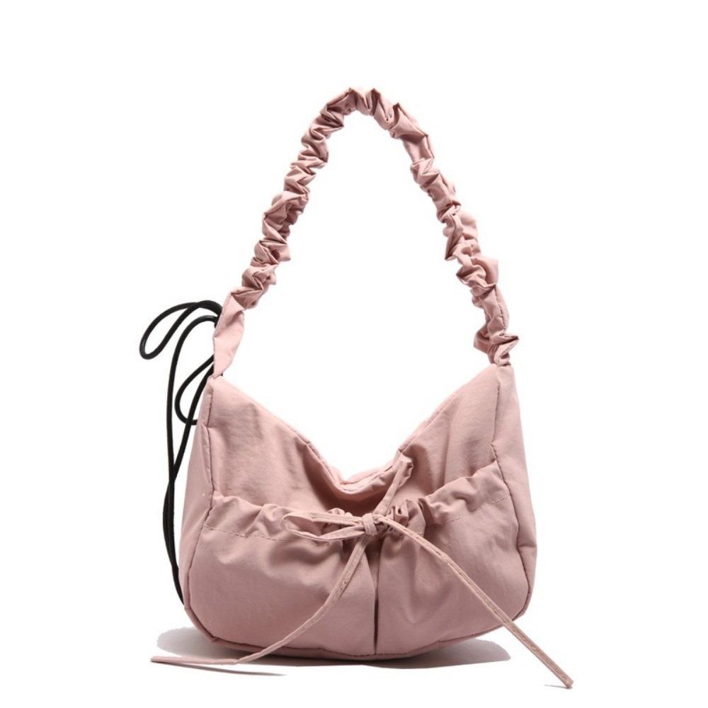 

Nylon Pleated Shoulder Bag Solid Color Women s Handbag Simple Bow Pleated Bag Girls