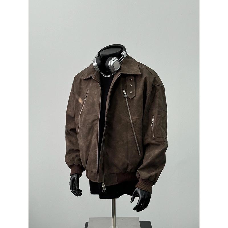 Men's Trendy Maillard Brown Leather Motorcycle Bomber Jacket with Lapel and Zipper