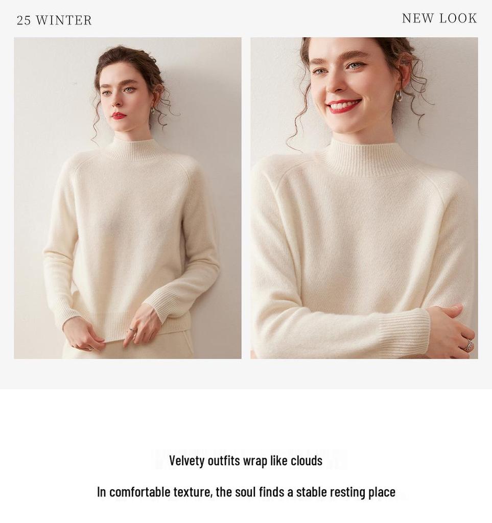 Women's Korean Style Cashmere Sweater: Half-High Collar, Solid Color, Short Raglan Sleeve, Perfect for Autumn and Winter