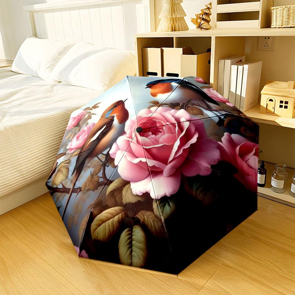 Two Birds Perched On A Rose Bush With Blooming Pink Flowers Automatic Umbrella With Folding Feature Retractable Design With 8 Rib Durability Compact