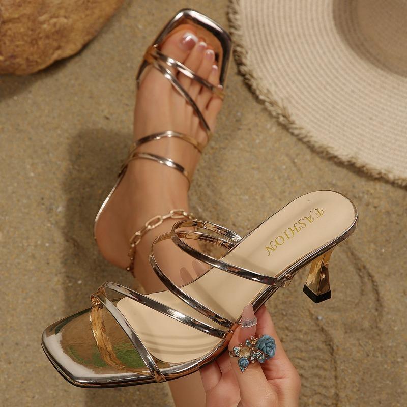 French Style Women Block Heel Slides, New Outdoor Fairy Style Elegant Mid Heel Thin Strap Square Toe Slippers