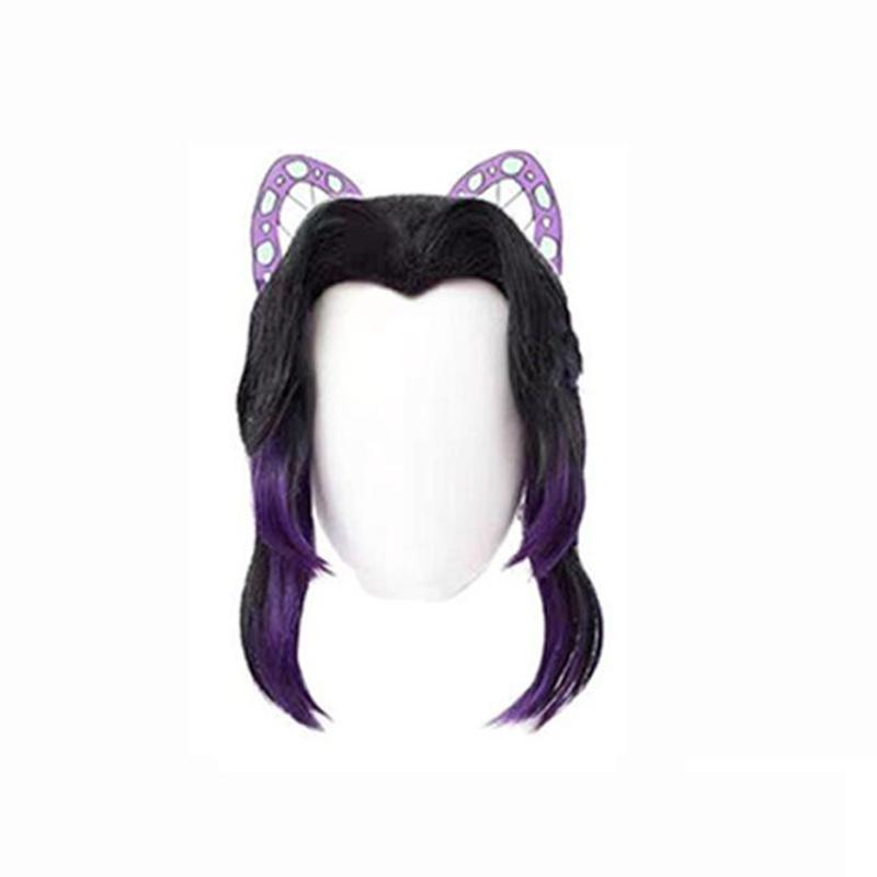 Kochou Shinobu Cosplay Wig Black Purple Heat Resistant Synthetic Hair Anime Wigs + Wig Cap