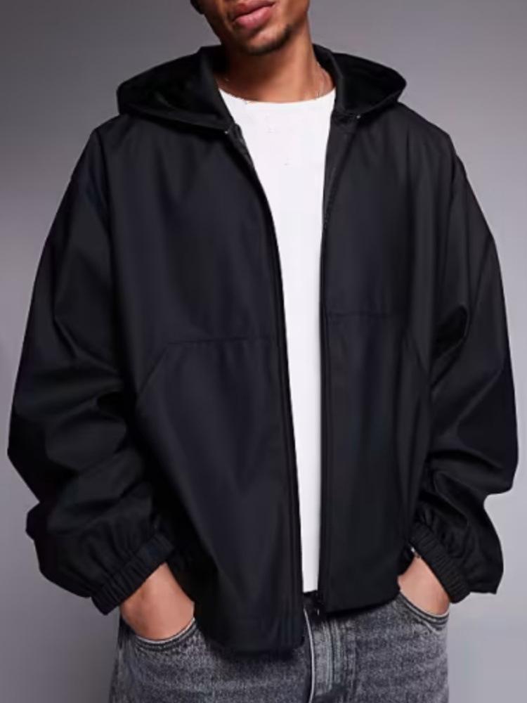 European and American spring solid color hooded zipper jacket loose casual jacket men s windproof outdoor jacket men s clothing S чёрный