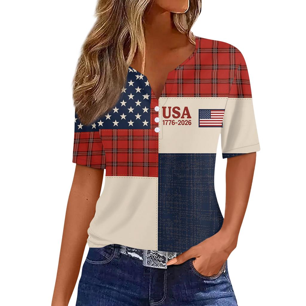 Women's Fashion Casual Independence Day Print V-Neck Short Sleeve Button-Up T-Shirt Top