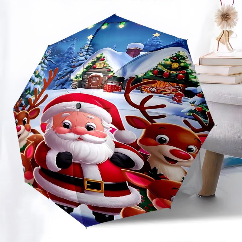 

1pc Christmas Santa Claus & Reindeer Automatic Folding Umbrella, Portable 3-Fold Design, 8-Rib Iron Frame, Outdoor, Festive Gift for Fans, Travelers,