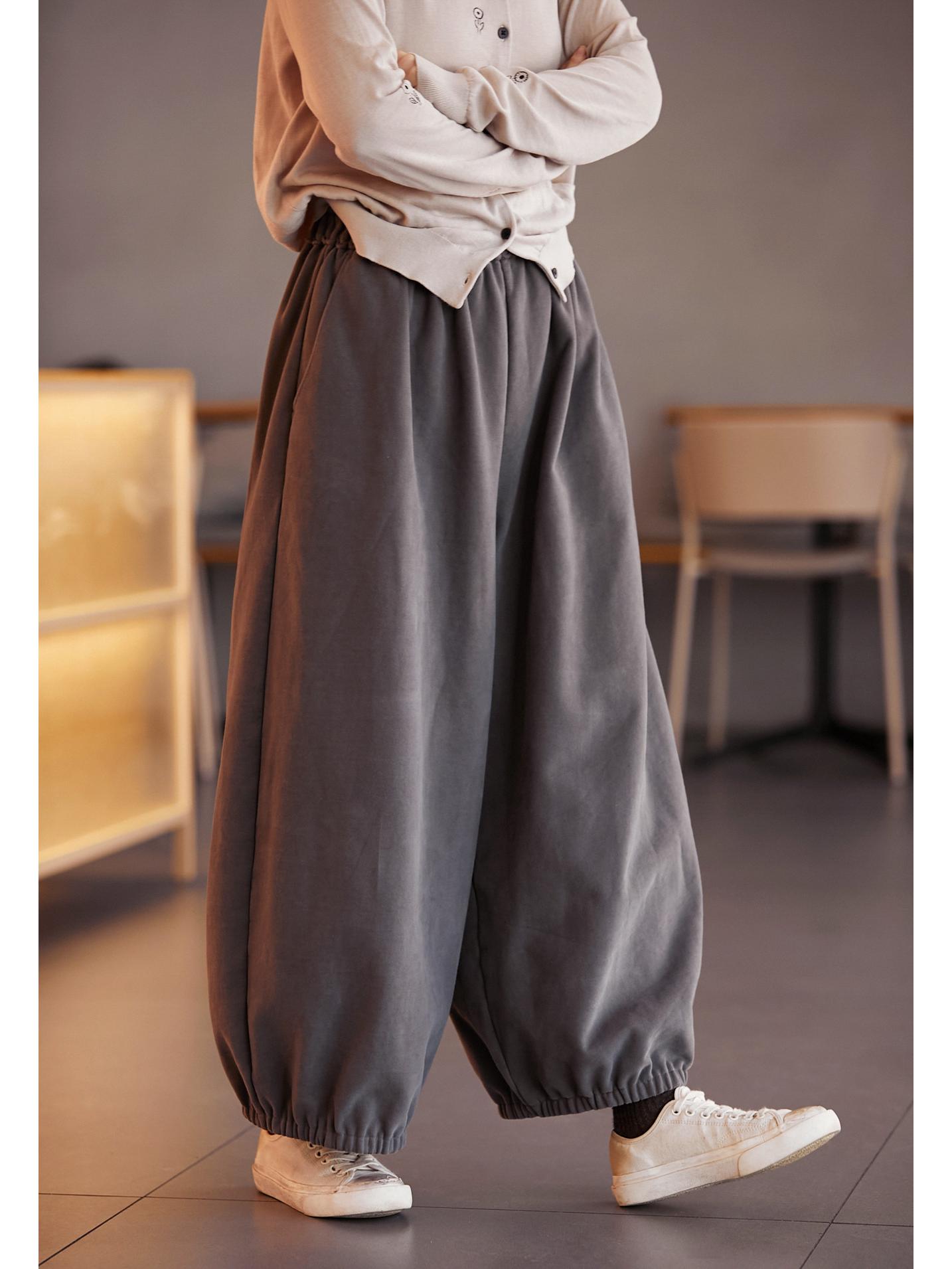 Retro Heather Gray Elastic Waist Lantern Pants - Women s Casual Loose Fit, Soft, Thick Fabric Medium