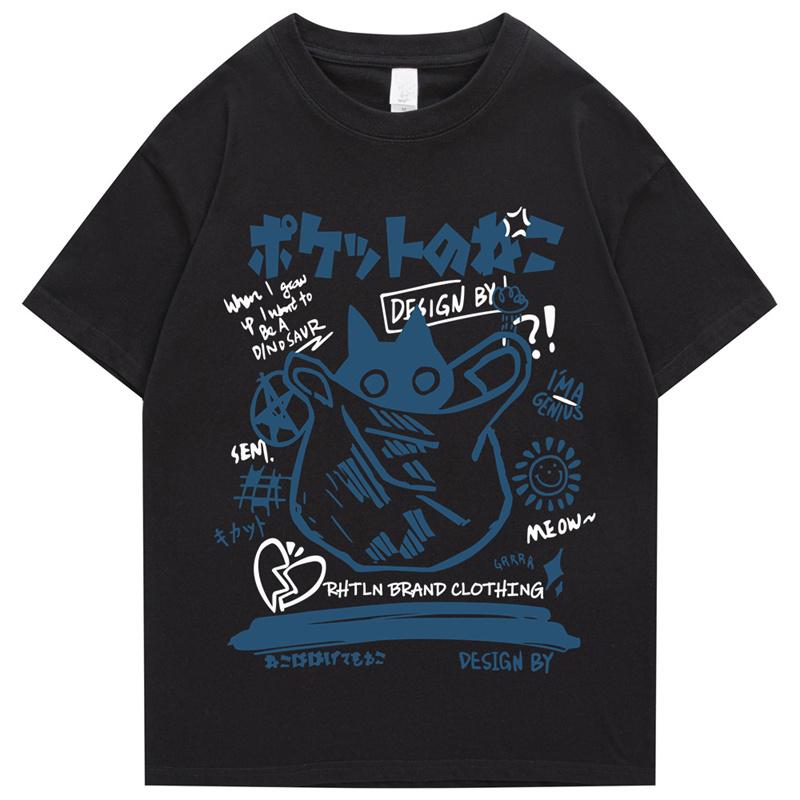 Hip Hop TShirt Unisex Streetwear Japanese Kanji Funny Cat Printed T Shirt 2026 Unisex Harajuku Cotton Casual Short Sleeve Tshirt Tops