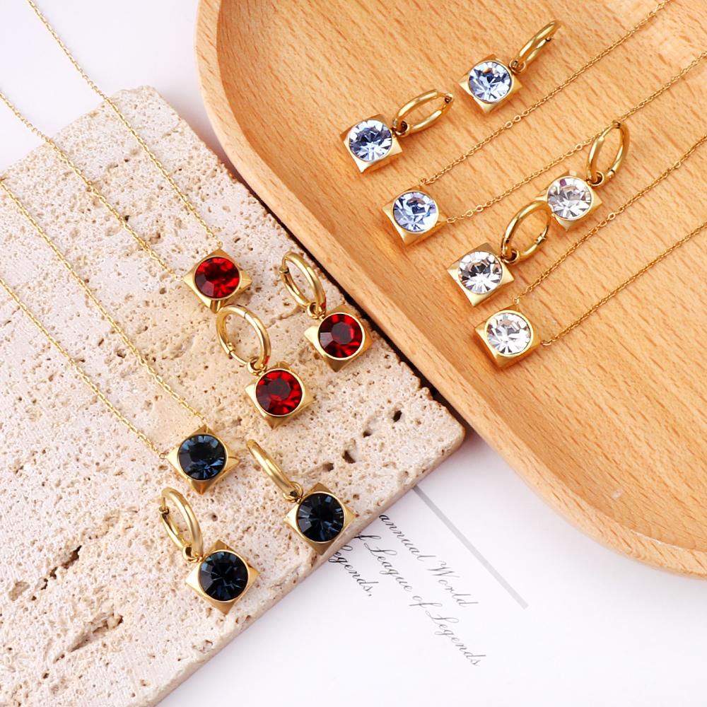 Square Multiple Color Crystal Pendant Necklace Earrings Set Stainless Steel Zircon Set 2Pcs For Women Party Gifts Free Shipping
