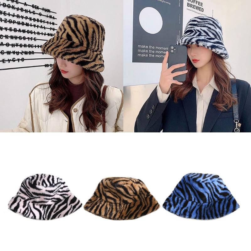 Caps with Flat Top for Warm Keeping Fuzzy Caps with Full-Covered Zebra Grain Decoration Hats Unisex Women Men