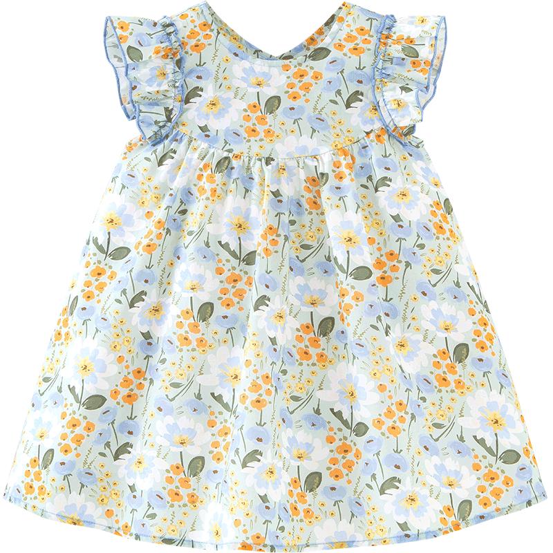 Girls' Summer Floral Cotton Flutter Sleeve A-Line Dress