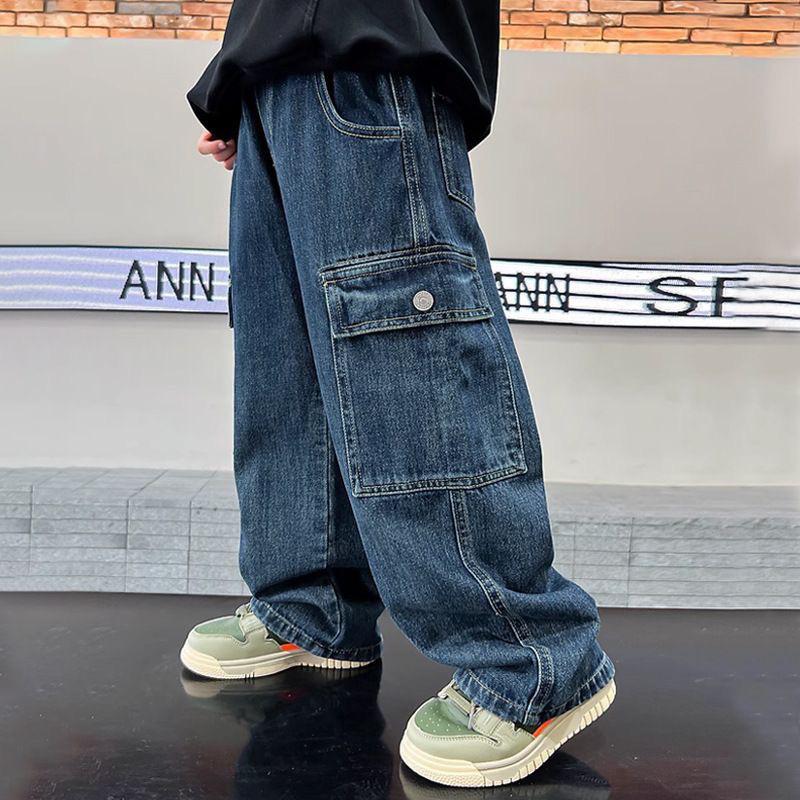 Teen Boys Jeans 2026 New Spring Autumn Pants Children's Straight Trousers Teenager Wide-legged Cargo Pants Kids Loose Clothes