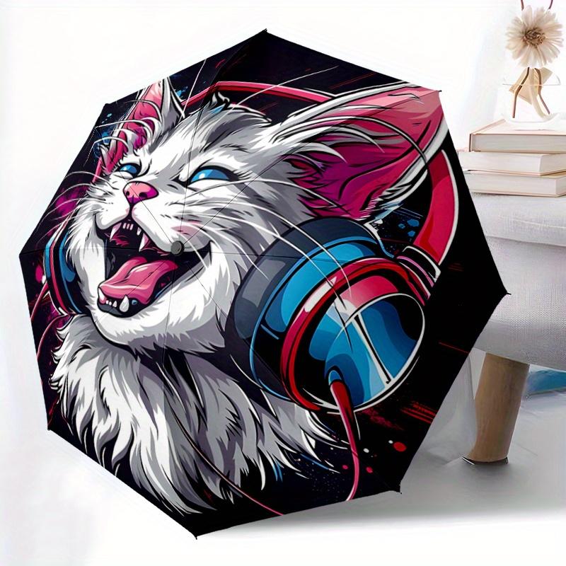 1pc Cool Cat Headphones Pattern Automatic 3-Fold Umbrella, 8 Iron Frames, High-Value Folding Umbrella, Suitable for Office, Travel and Outdoor Ad