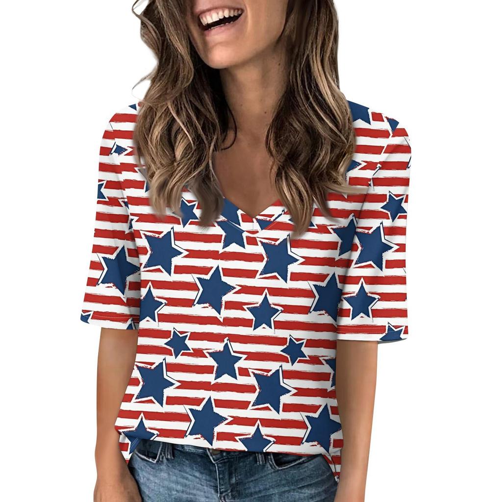 Women's V Neck T Shirts Half Sleeve Tops Printed Casual Summer Tees T Shirt Blouse